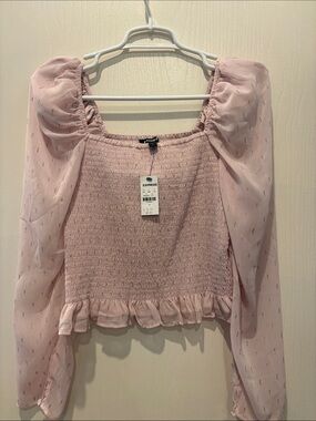 Express Pink Smocked Top with Sheer Puff Sleeves